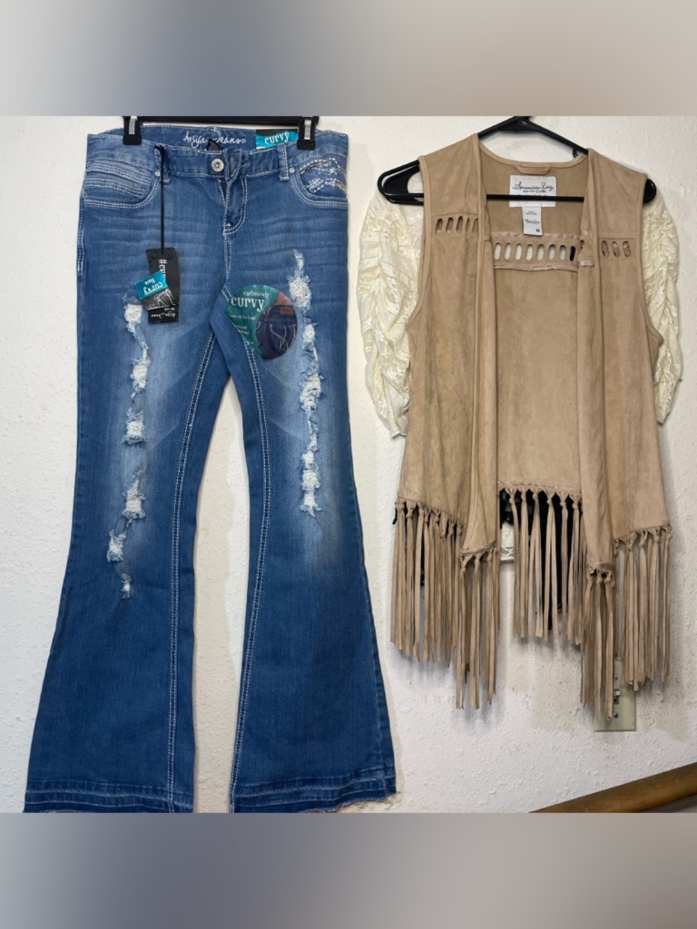 Boho Outfit Bundle Ariya Flare Jeans + 2 Lace Top + Fringe Vest